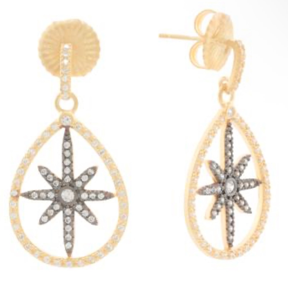 NWT Freida Rothman matte Gold and black with pave Starburst Earrings - Picture 2 of 4